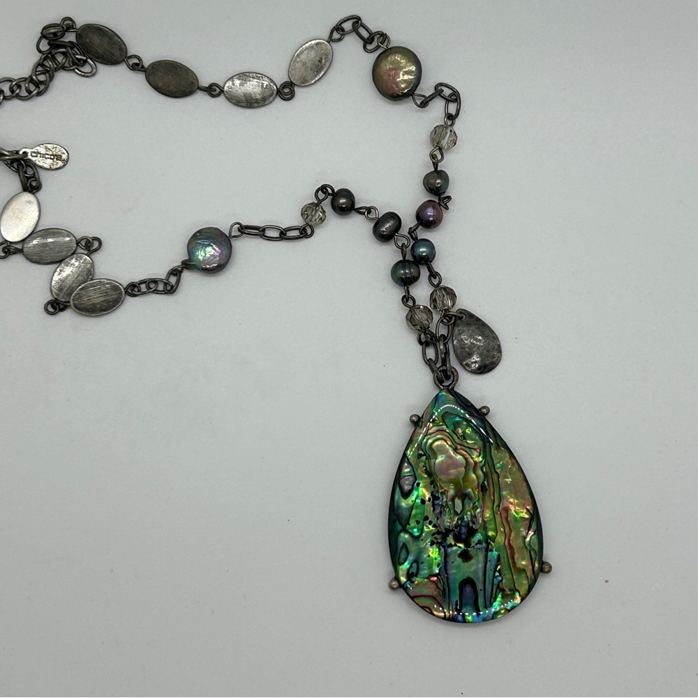 Chico’s Abalone Shell necklace with burnished silver lobster clasp and jewels